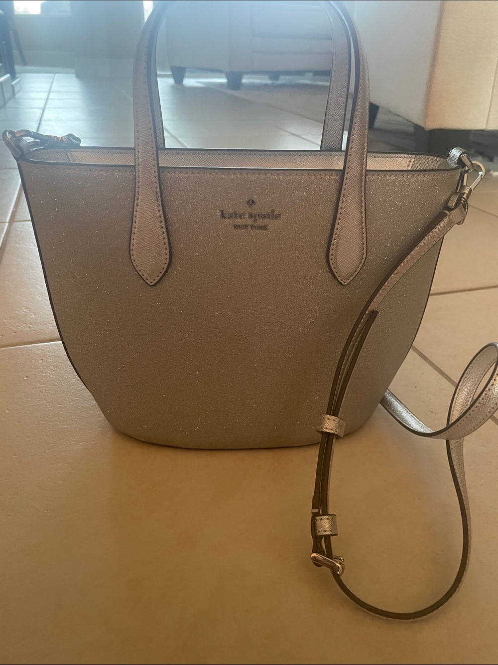 kate spade silver glitter mini tote with detachable strap